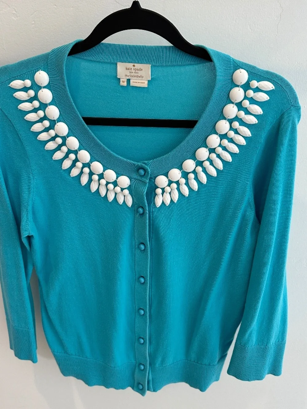 Kate Spade Embellished Cardigan Sweater Turquoise Blue Size M 3/4 Sleeves